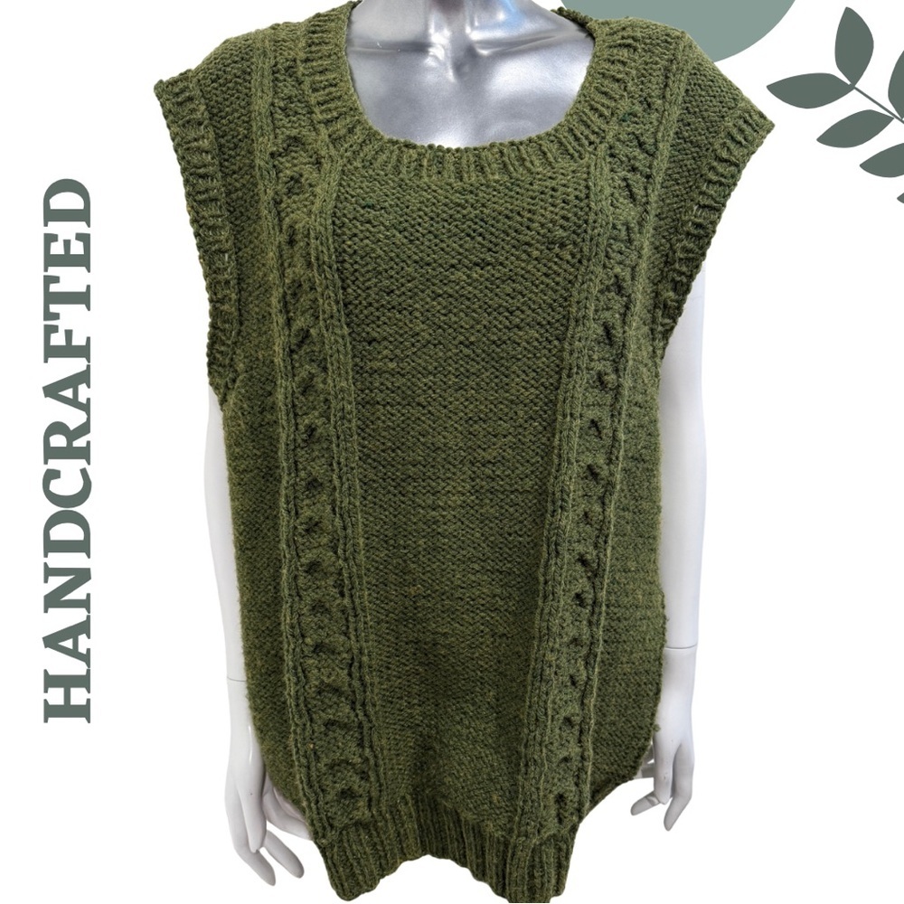 Hand Knit Olive Green Sleeveless Sweater Vest | Cozy Chunky Oversized
